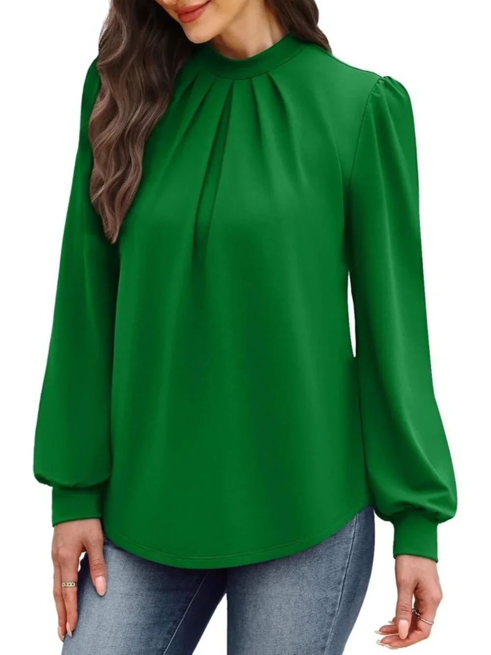 Women's Green Long Sleeve Shirt Pleated Front Blouses Dressy Mock Neck Top